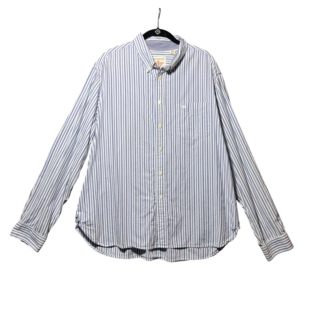 Vintage 90s Dockers Mens XL Blue White Striped Cotton Button Down Shirt Long Slv